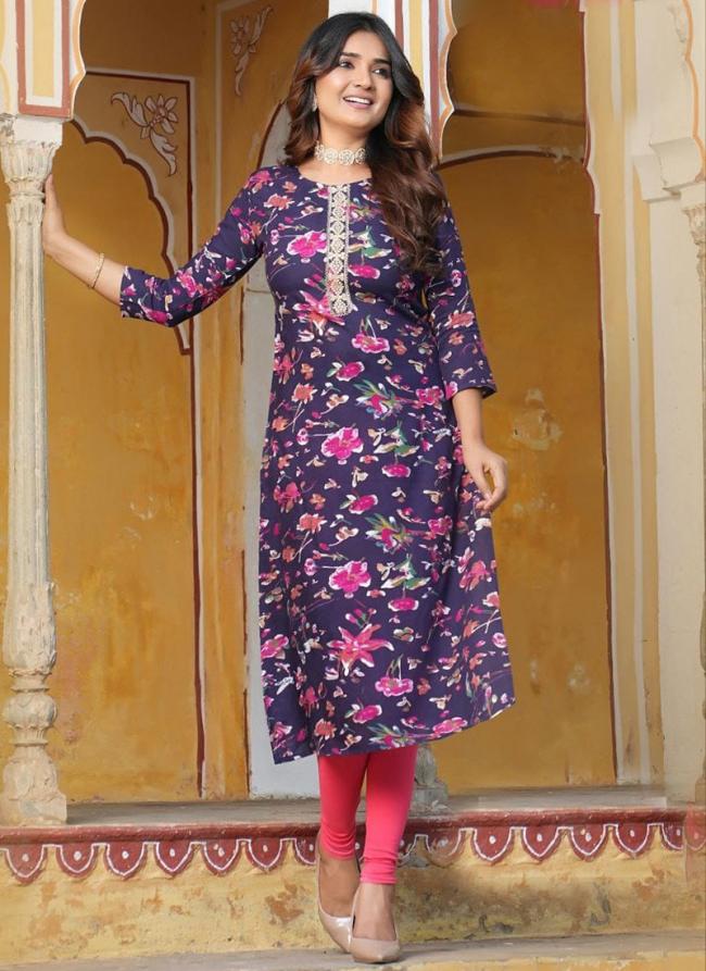 Rayon Purple Pink Casual Wear Printed Readymade Kurti